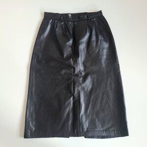 Vintage black leather midi skirt made in Canada.